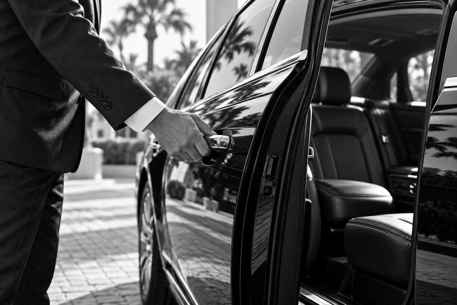 Chauffeur opening a black vehicle door, illustrating private Orlando transportation