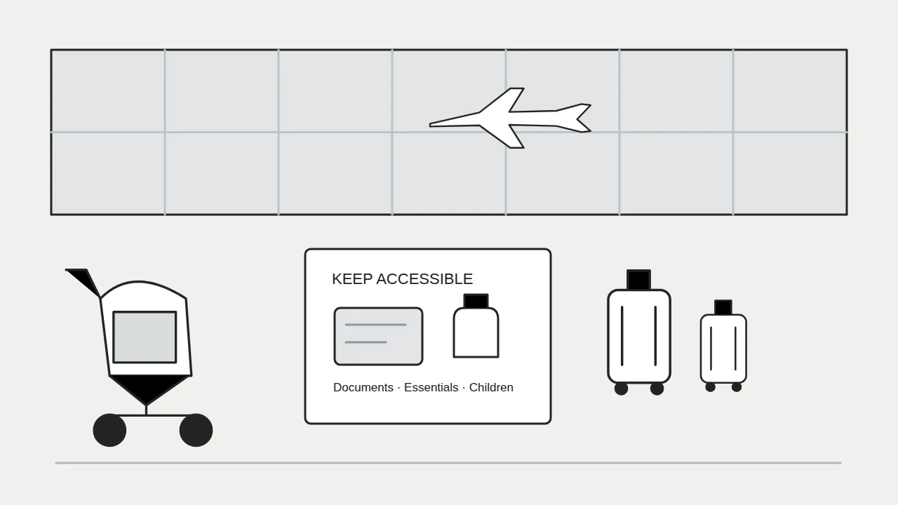A stroller, luggage and accessible essentials illustrating family airport preparation
