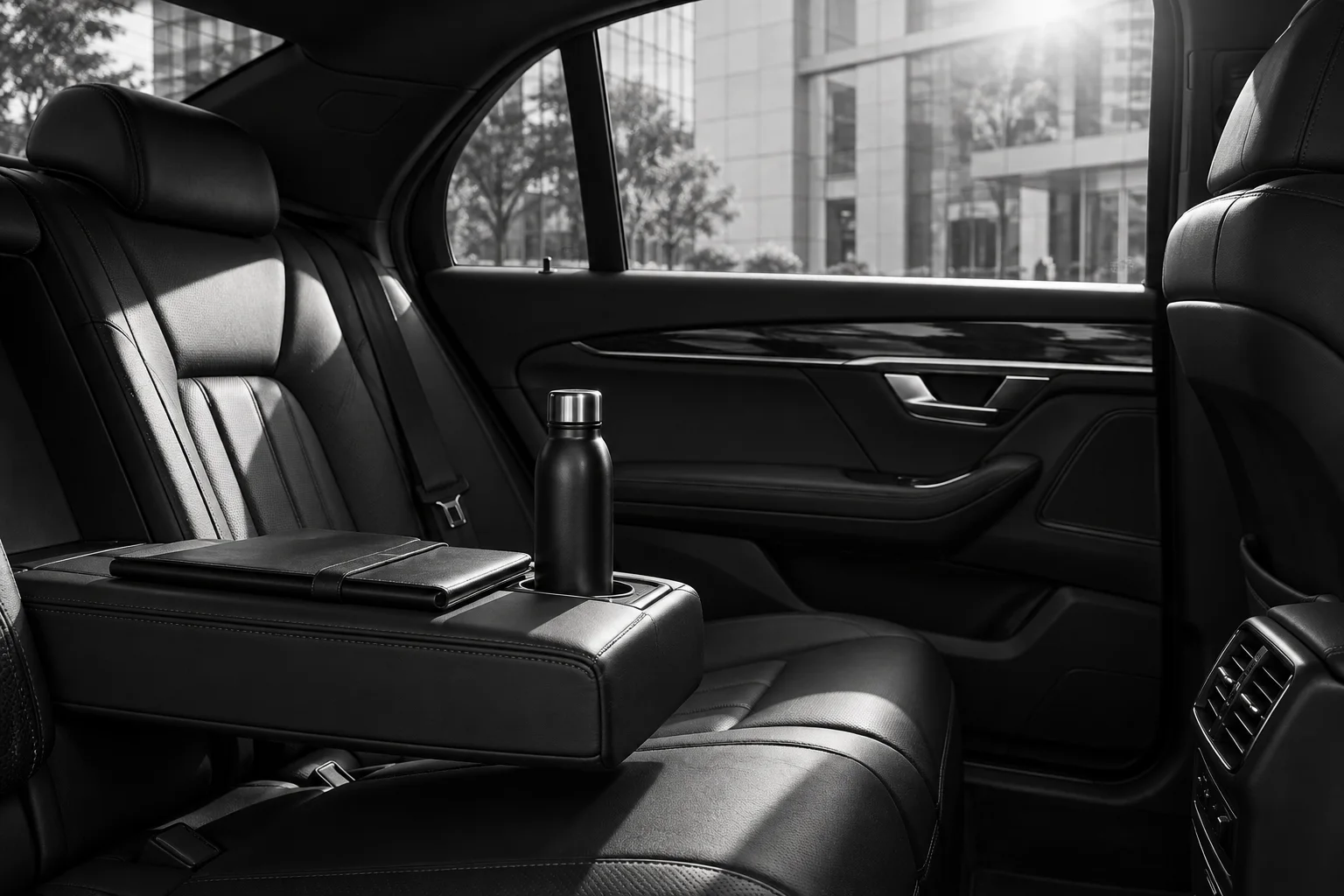 Illustrative executive car interior with a travel folio and rear passenger seating