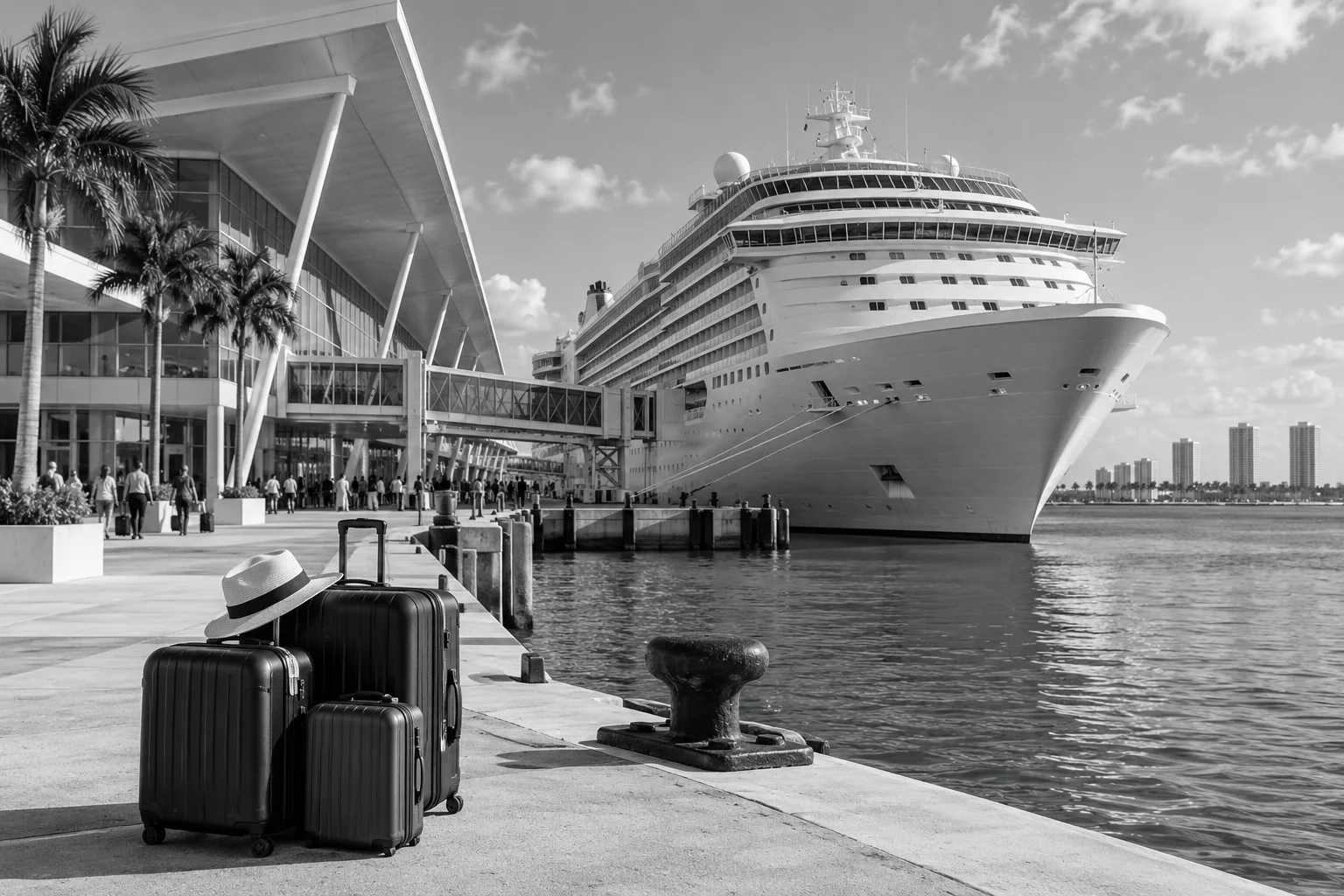 Illustrative cruise terminal with a ship and luggage beside the harbor