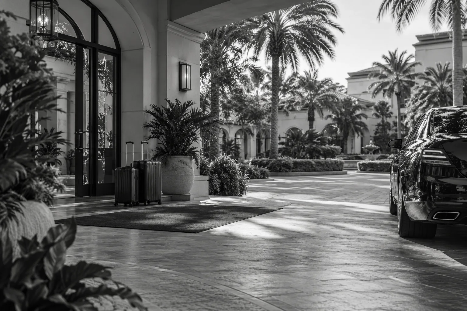 Illustrative resort courtyard with palms and travel luggage